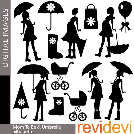 Mom To Be And Umbrella Silhouette 07347   Digital Clip Art   Commerci