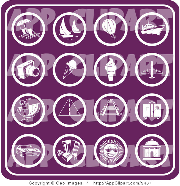 Vector Clip Art Of A Collection Of Sixteen Purple Travel Icons    
