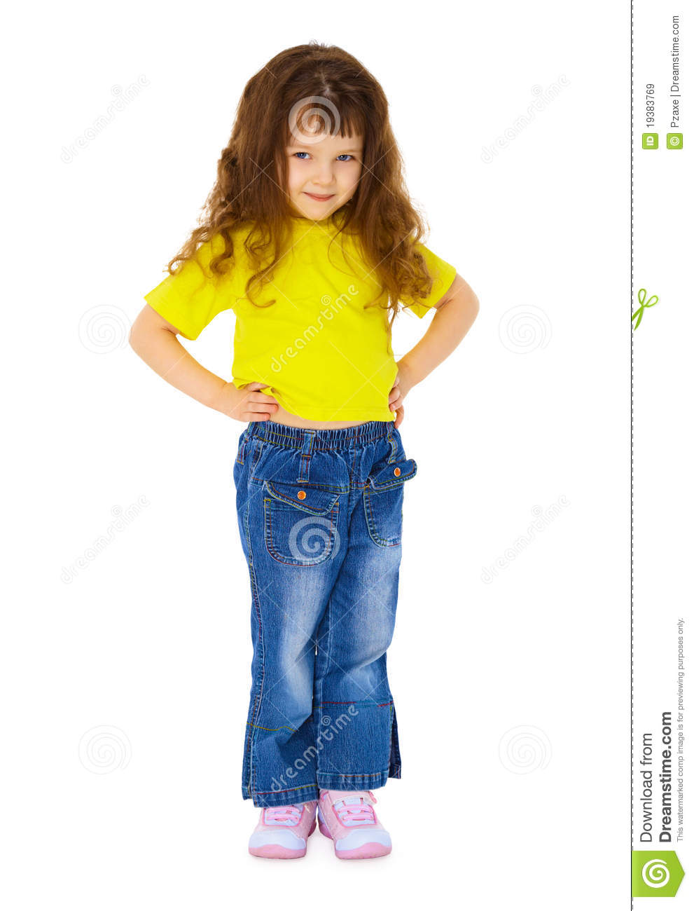 Little Girl In Jeans On White Background Royalty Free Stock Images