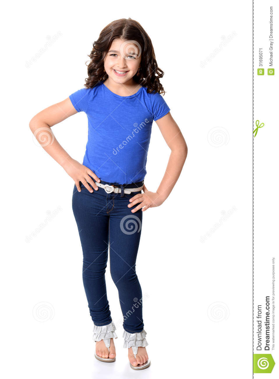 Little Girl Wearing Blue Jeans With Hands On Hips Stock Image   Image