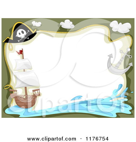 Cartoon Of A Pirate Ship Hat Anchor And Splash Border With Copyspace