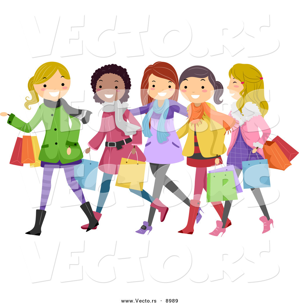 Larger Preview  Vector Of Happy Cartoon Teen Girls Christmas Shopping