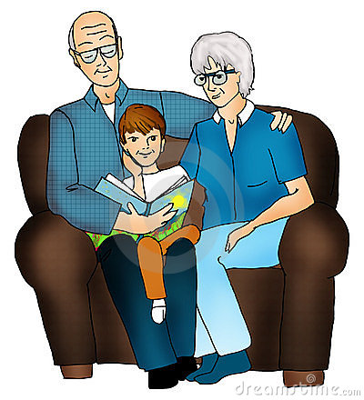 Caucasian Grandparents Family Group Portrait In Cartoon Style