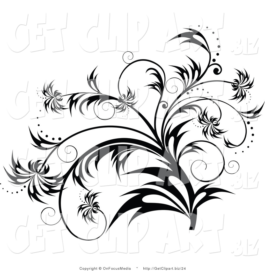 Clip Art Of A Elegant Black And White Flourish Plant Scroll Design