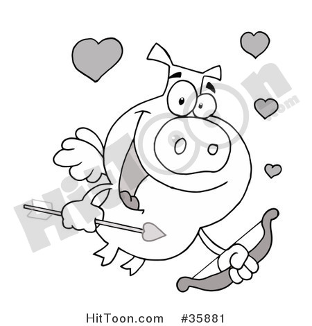 Clipart Illustration Of A Black And White Cupid Pig With Flying With