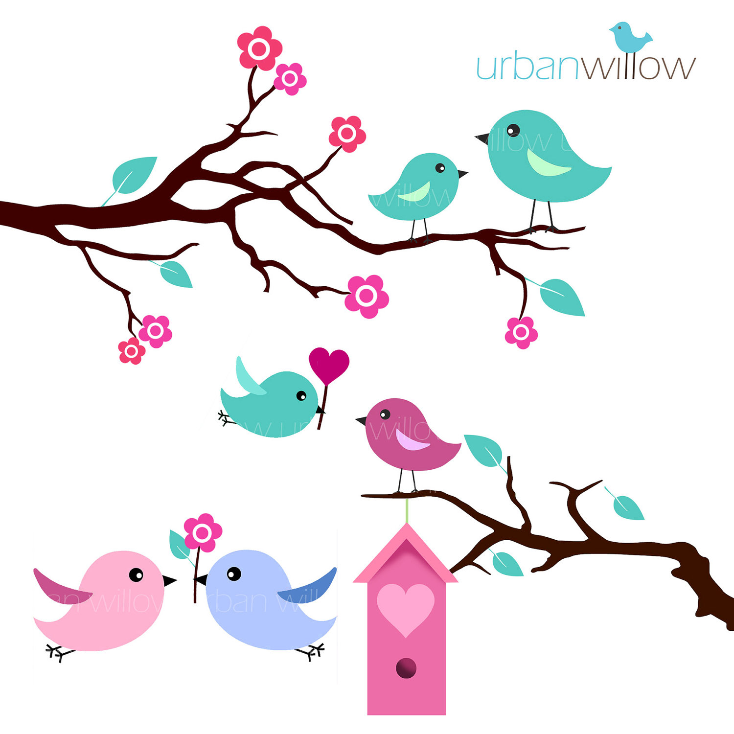 Mint Love Birds Clip Art Set In Jpeg   Png Files  By Urbanwillow