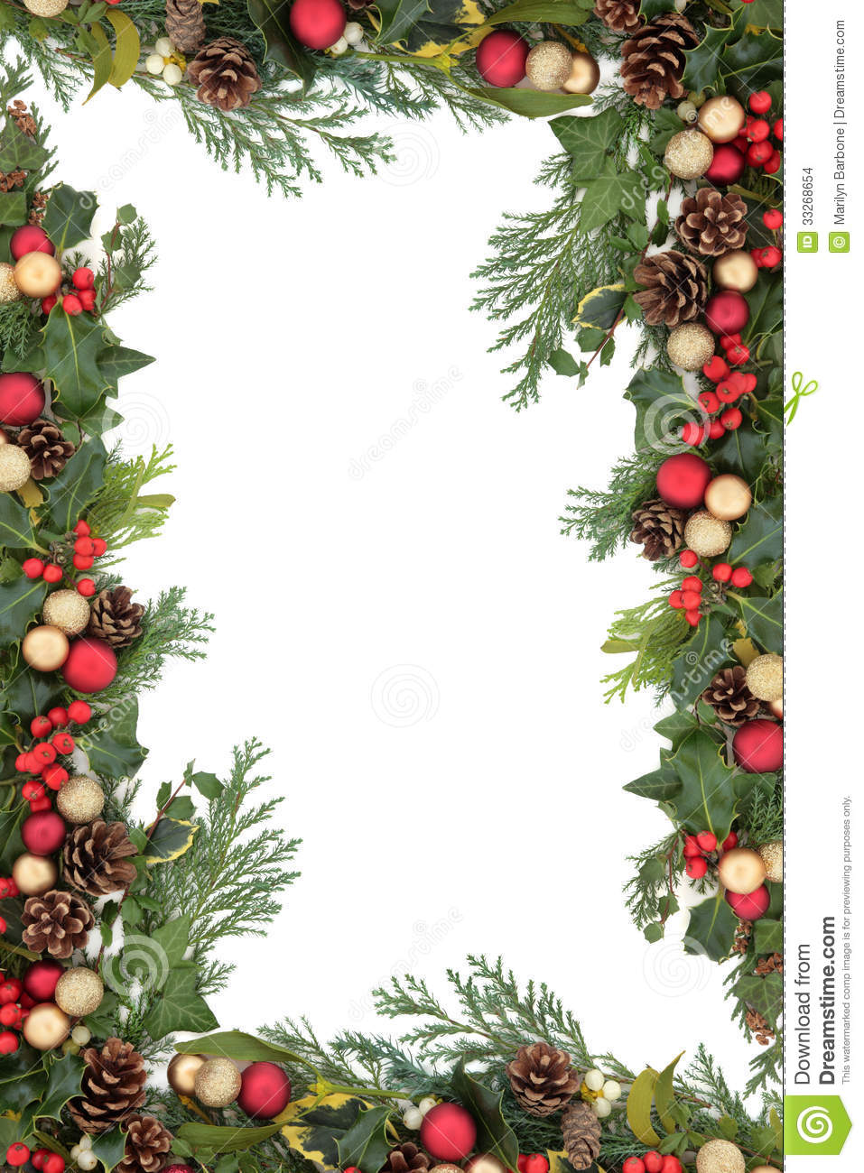 Christmas Floral Background Border With Red And Gold Bauble