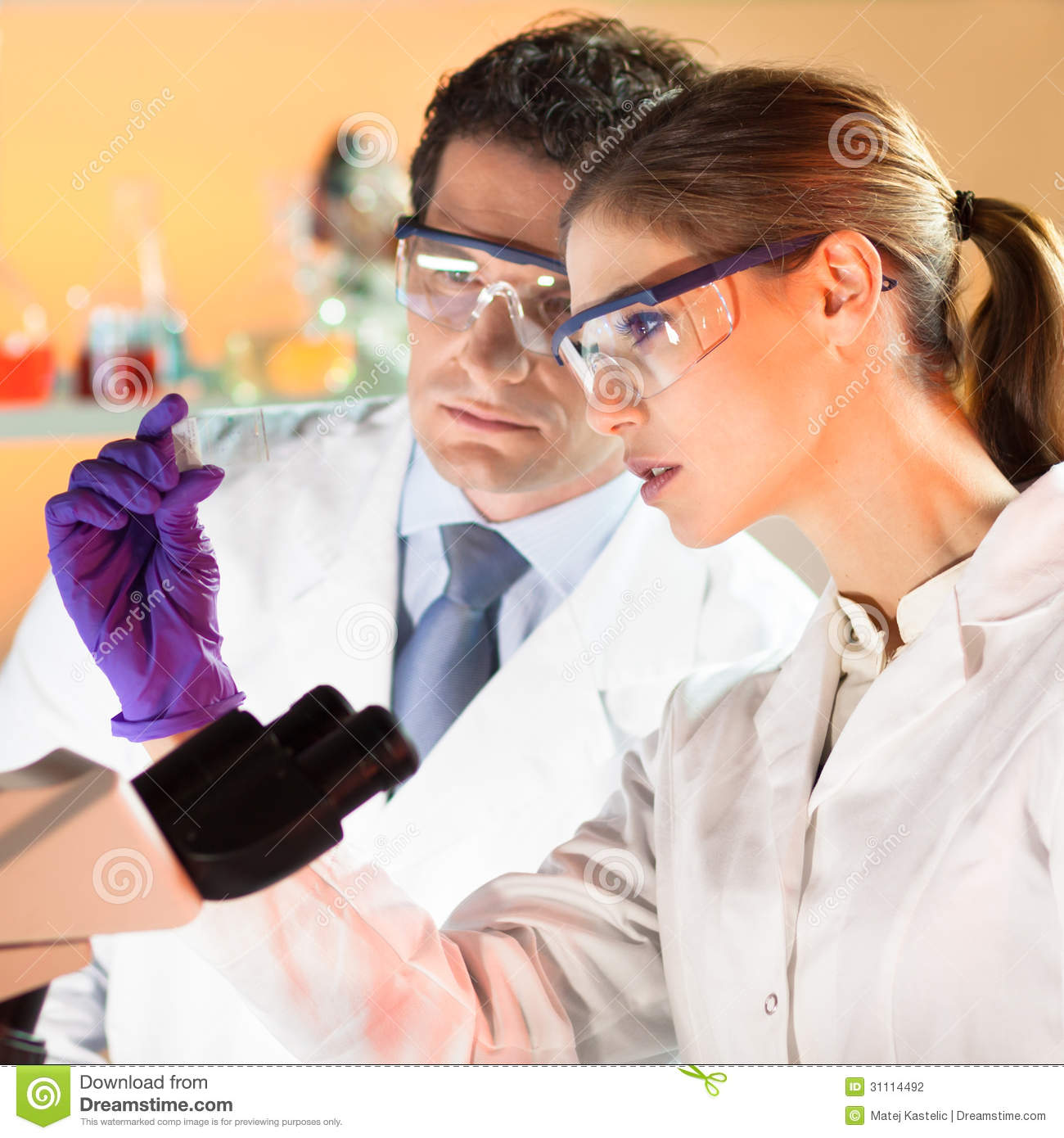 Attractive Young Scientist And Her Post Doctoral Supervisor Looking At