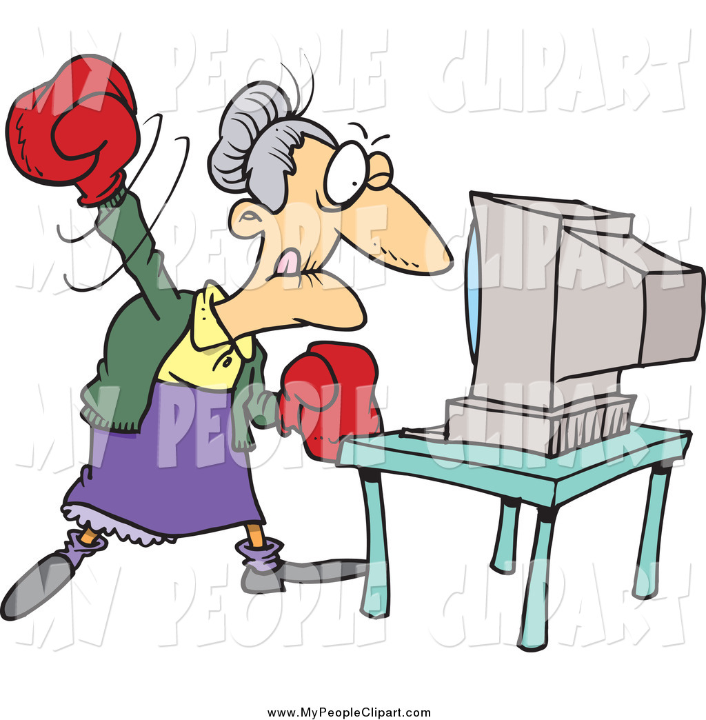 Clip Art Of A Cartoon Angry Granny Beating A Computer With Boxing