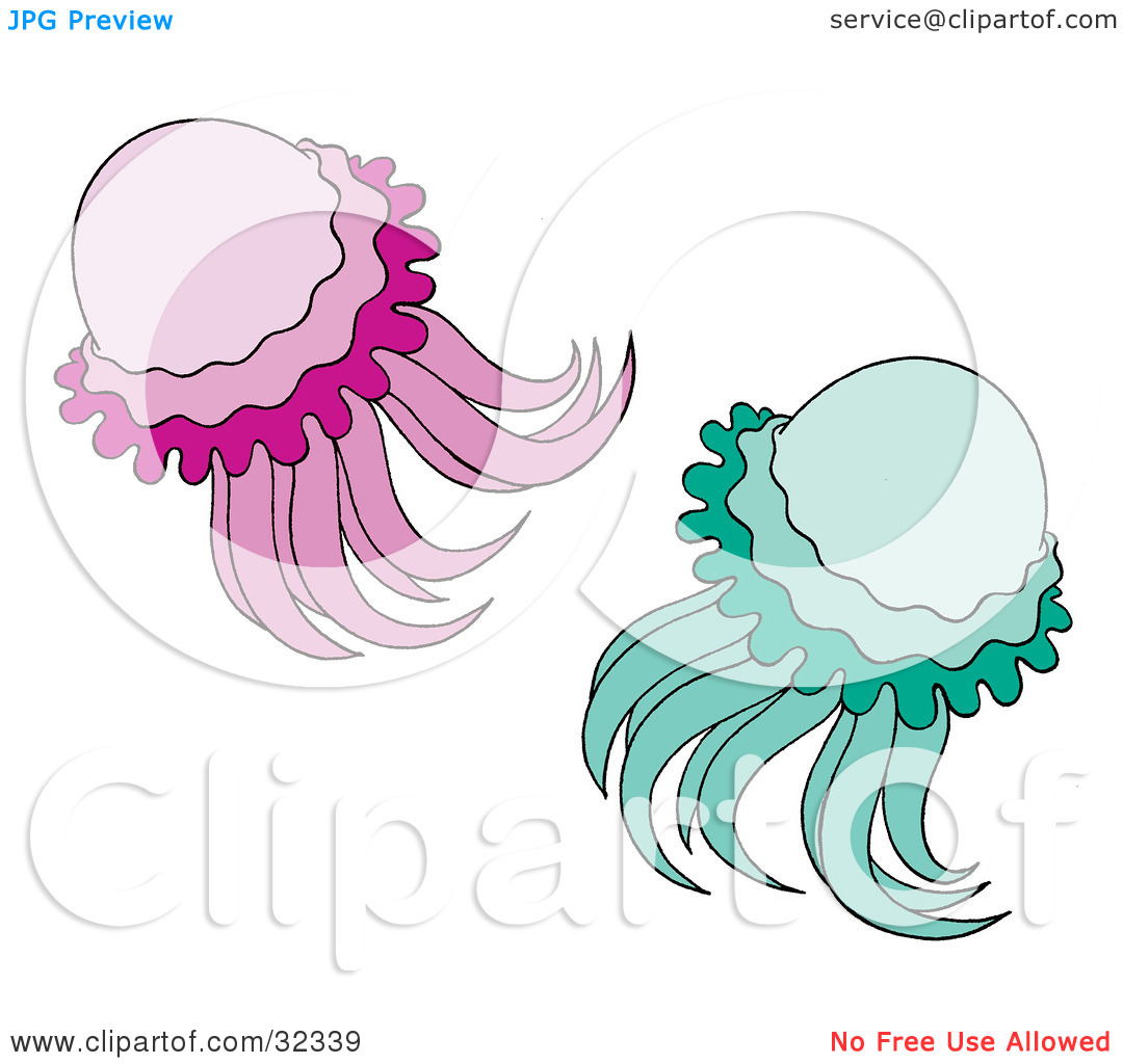 Clipart Illustration Of Two Green And Purple Jellyfish Swimming By