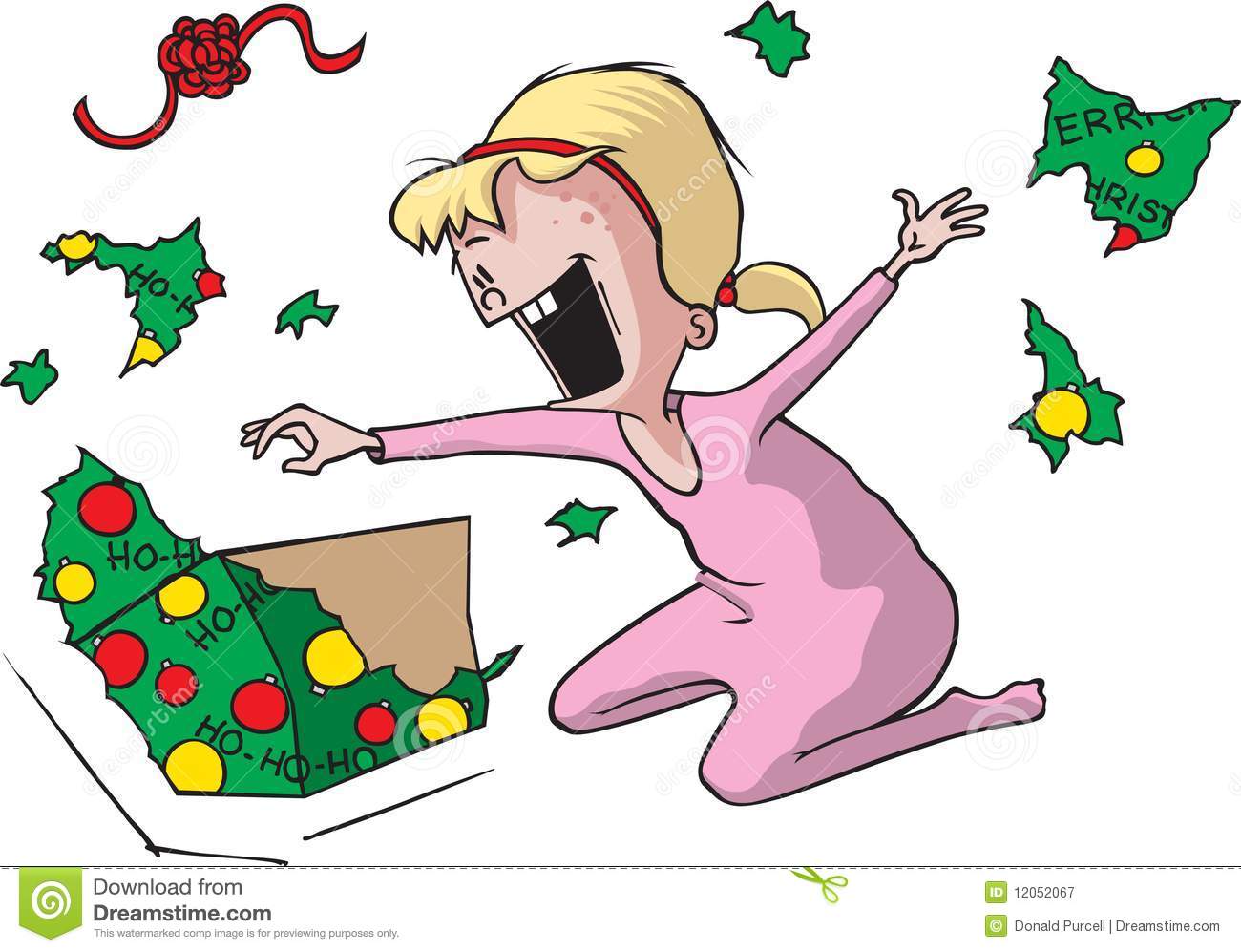 An Excited Cartoon Girl On Christmas Morning Ripping Open A Present