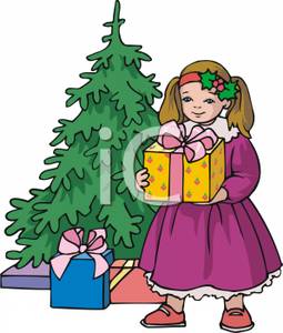 Little Girl Holding A Christmas Present   Royalty Free Clipart Picture