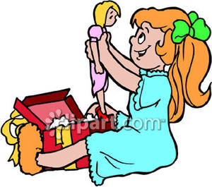Little Girl Opening A Christmas Present   Royalty Free Clipart Picture