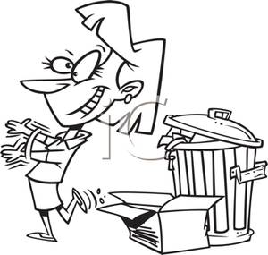 Black And White Cartoon Of A Woman Taking Out The Trash   Royalty