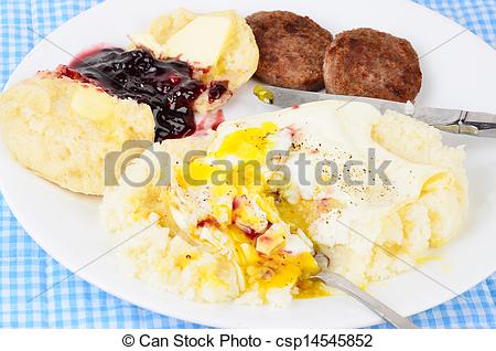 Breakfast Sausage Patty Clipart Eating Fried Egg On Bed Of Grits With