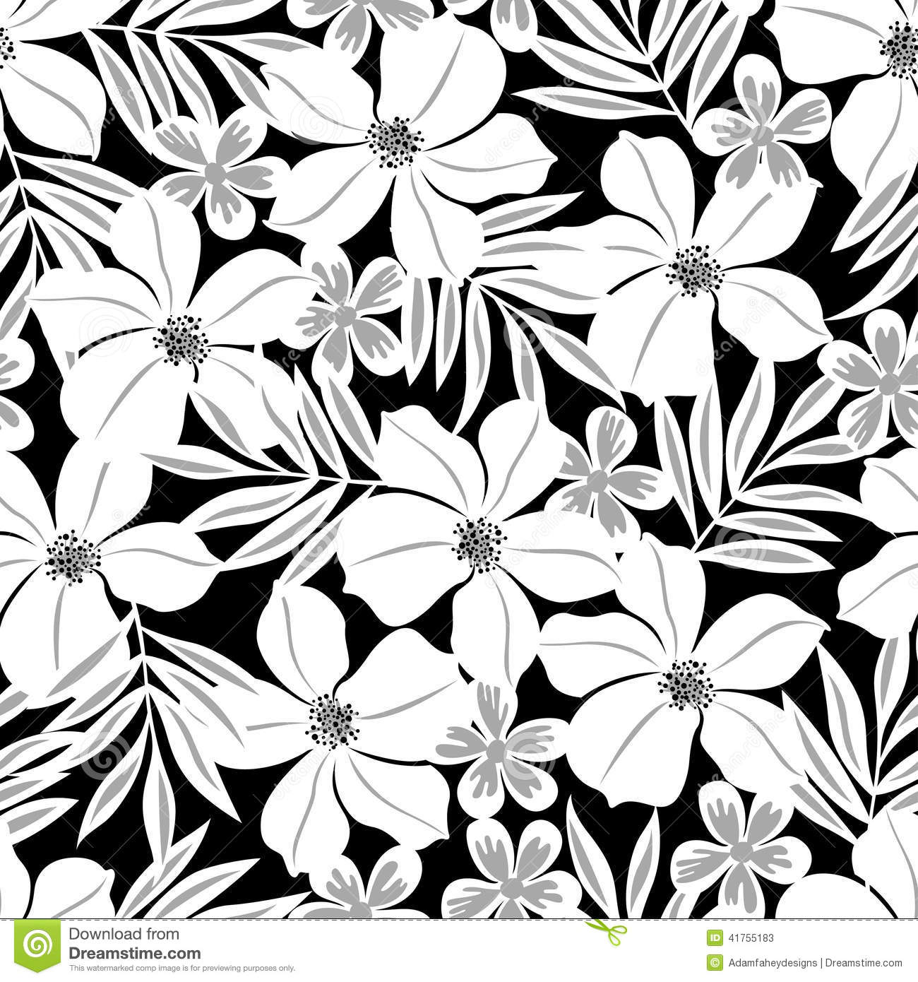 White Tropical Flower On A Black Background Seamless Pattern Stock