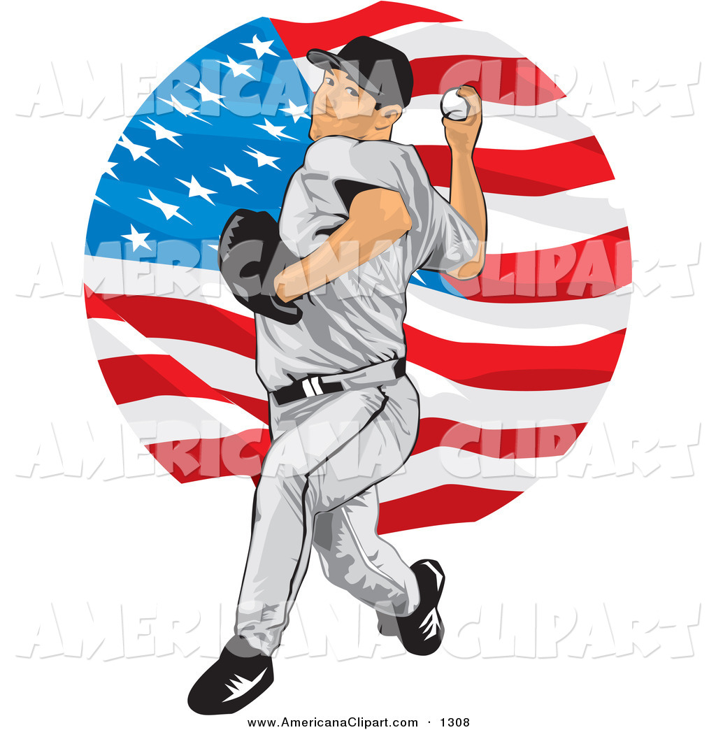 White Athletic Male Baseball Pitcher Over A Background Of The American