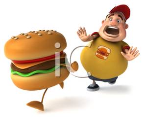 An Obese Man Running After A Hamburger   Royalty Free Clipart Picture