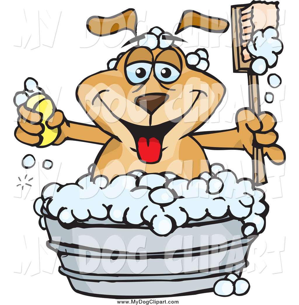 Happy Dog Holding A Handled Brush And Bar Of Soap While Bathing In A
