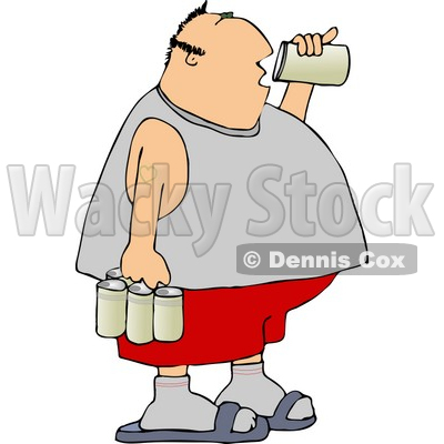 Obese Man Drinking A Can Of Beer From A Six Pack Clipart   Djart
