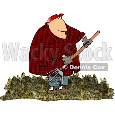 Obese Man Raking Dead Leaves From A Lawn Clipart   Dennis Cox  4695