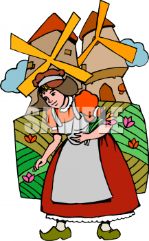 Clip Art Picture Of A Dutch Girl In A Field Of Tulips With Windmills