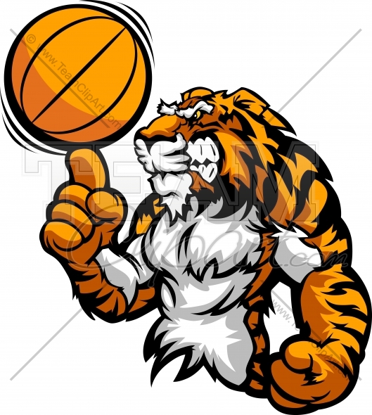 Tiger Mascot Spinning Basketball Ball On Victory Finger Clipart Image