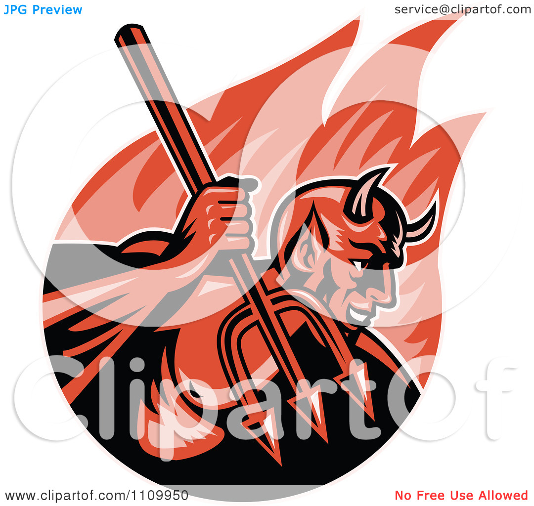 Clipart Retro Demon Devil Holding Up A Trident Over Flames   Royalty