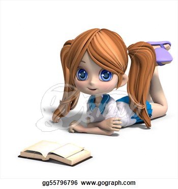 Drawings   Cute Little Cartoon School Girl Reads A Book  3d Rendering    