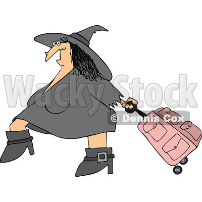 Clipart Of A Traveling Halloween Witch Pulling Pink Rolling Luggage