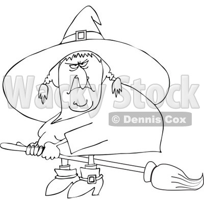 Clipart Outlined Mean Ugly Witch Flying On A Broom   Royalty Free    