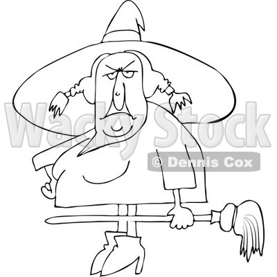 Clipart Outlined Ugly Witch Holding A Broom   Royalty Free Vector