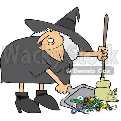 Clipart Ugly Witch Sweeping Up Spell Items With A Broom   Royalty Free    