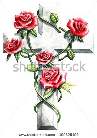 Religious Clip Art Stone Granite Cross Red Pink Roses Green Ivy Vine