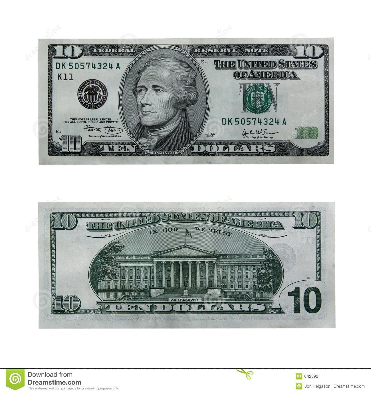Both Sides Of The Ten Dollar Bill Isolated On White With Clipping Path