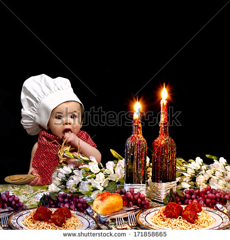 Baby Chef At Italian Dinner Table With Dripping Wax On Candles