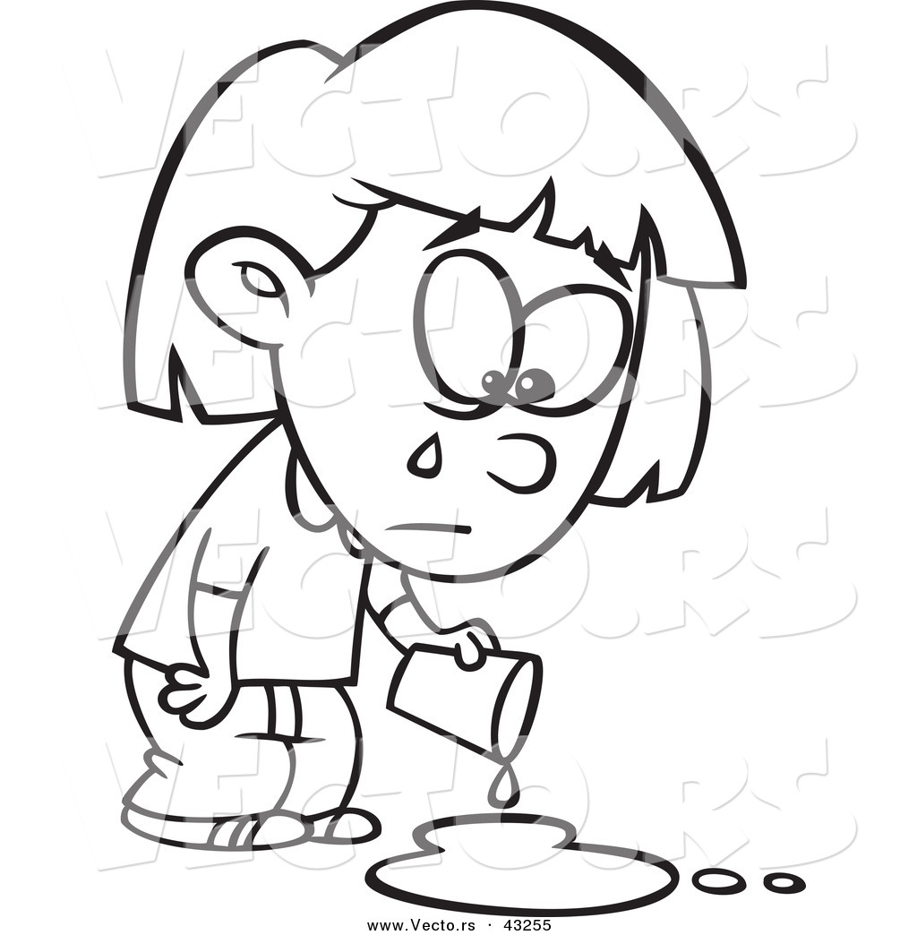 Sad Cartoon Girl Crying Over A Spilled Drink   Coloring Page Outline    