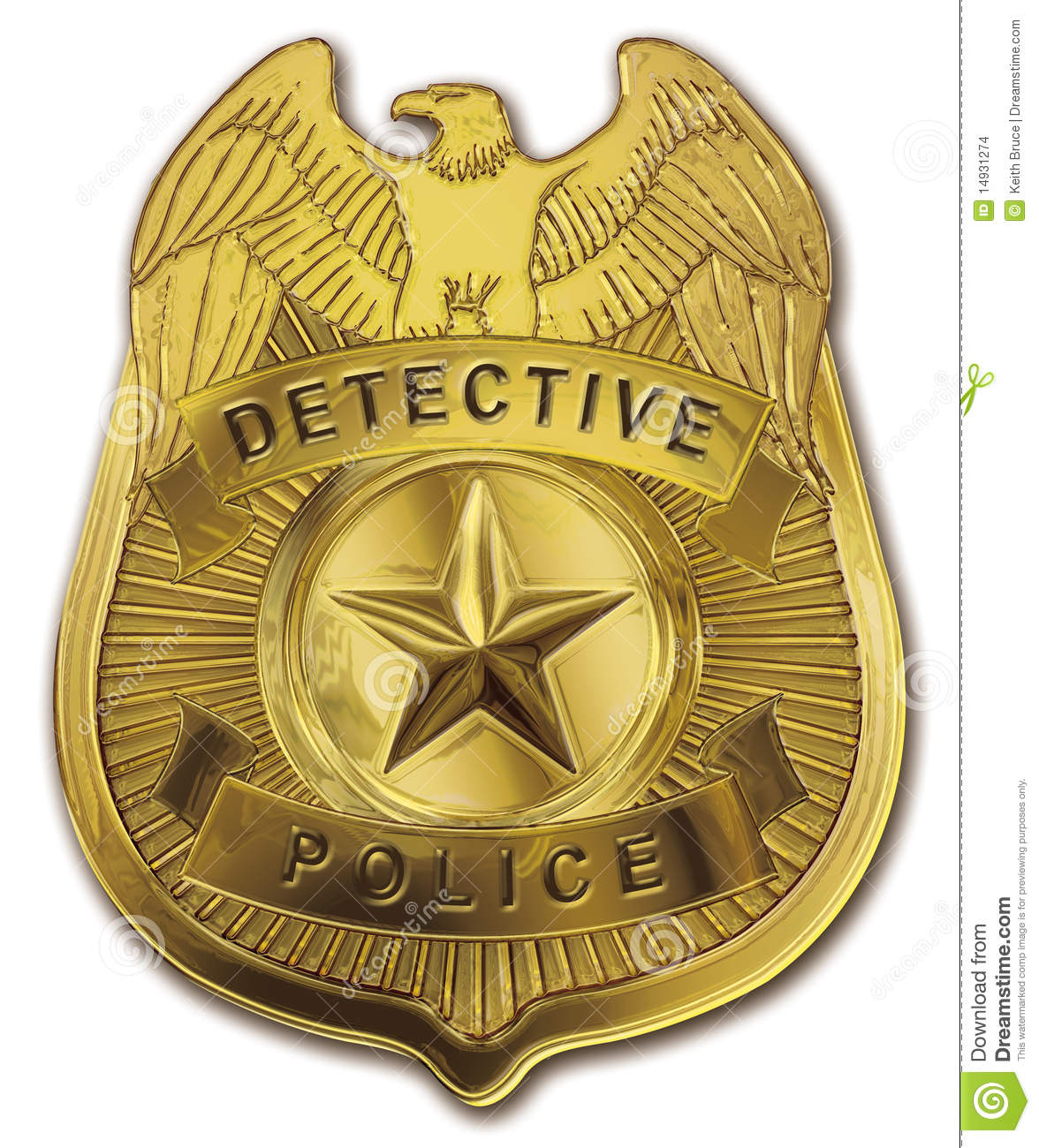 Shiny Gold Metal Detective Rank Police Officer Badge  Clipping Path