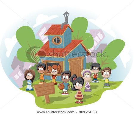 Cute Happy Cartoon Kids In Front Of Wood Club House   Vector Clip Art