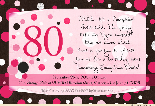 Polka Dot Surprise 80th Birthday Invitation   Lovely Senior Lady Party