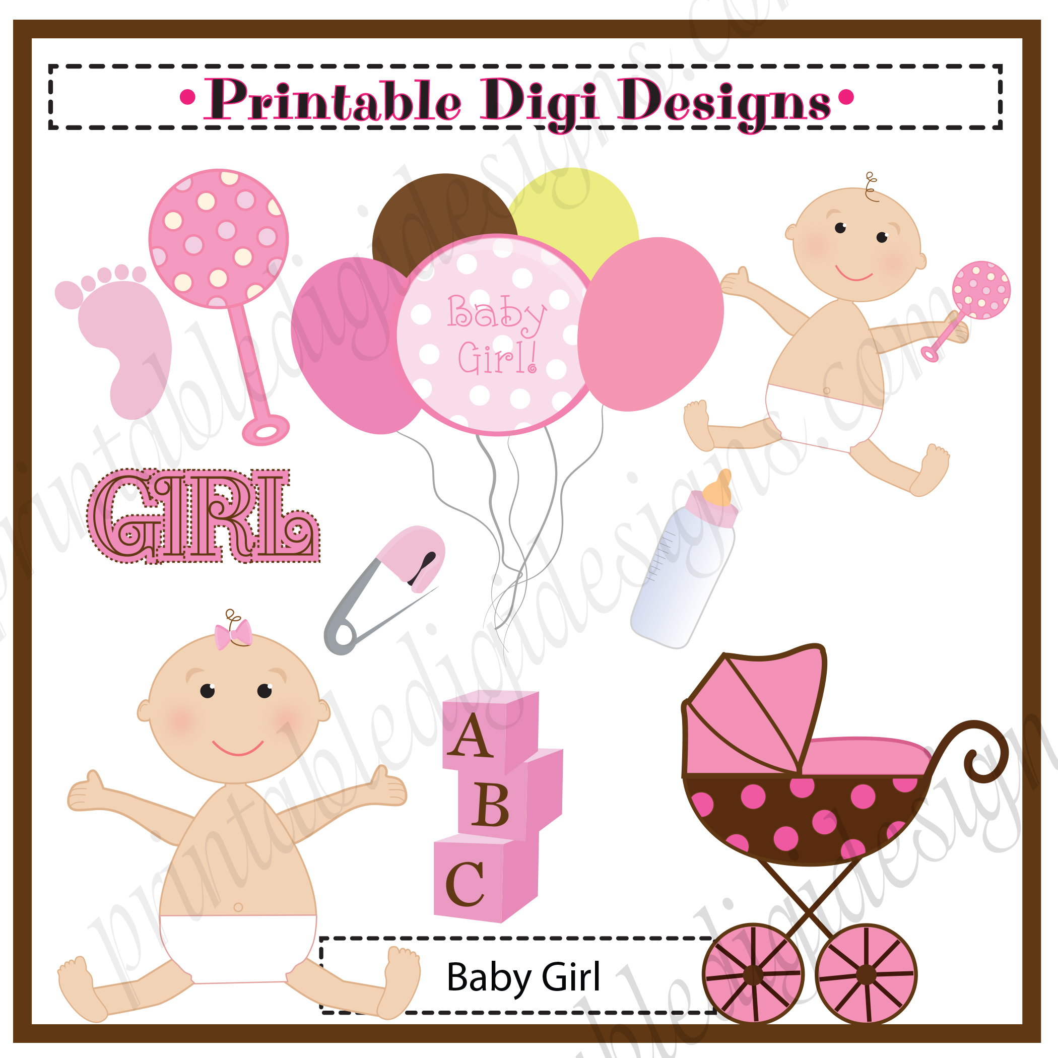 Baby Girl Pink Shower Clipart Graphic Set   3 50 Baby Girl Pink Shower