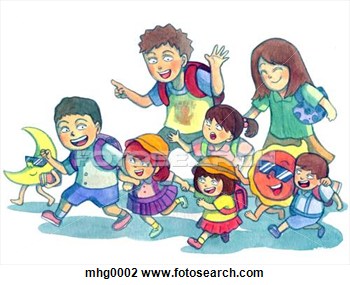 Clip Art Of A Group Of Children And Adults Walking With The Moon And