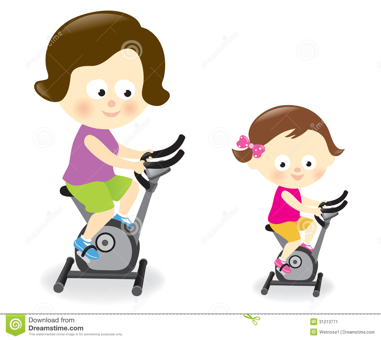 Exercise Clip Art Mother Daughter Riding Exercise Bikes Illustration