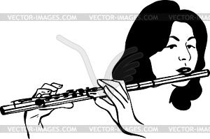 Girl Plays Wind Musical Instrument Flute   Vector Clip Art