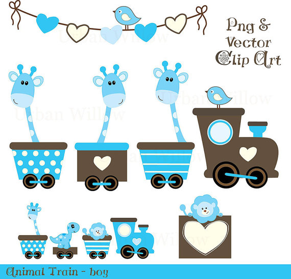 Animal Train Boy   15 Piece Clip Art And Digital Papers Set In High