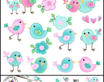 Clipart Graphics With 19 Cute Birds And Flowers Pink Turquoise Aqua