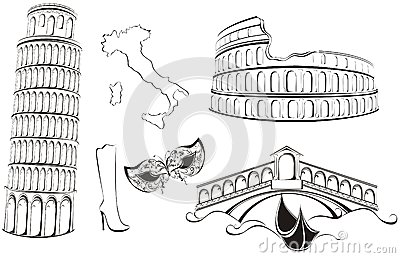 Famous Landmarks Of Italy  Black And White Sketch