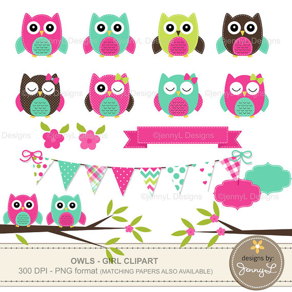Owl Clipart Hot Pink Owl Turquoise Stitched Owl Girl Baby Shower