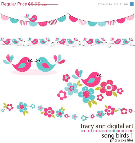 Sale 40  Off Pink And Aqua Song Bird Clip Art Blossoms And Borders
