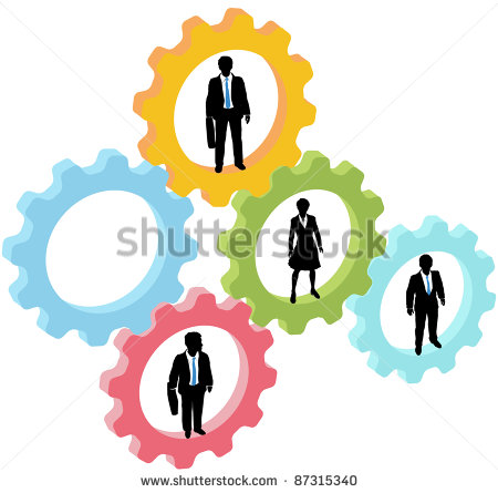Team Of Business People Work Inside Technology Gears With One Gear